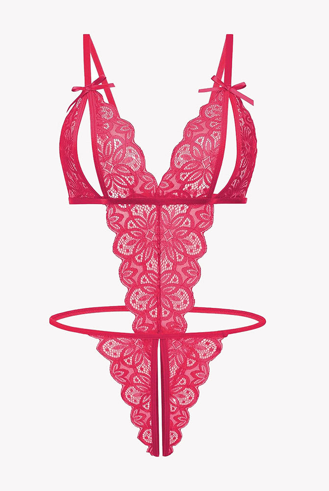 Avidlove red floral lace bodysuit, deep V crotchless design, adjustable straps, sexy lingerie.