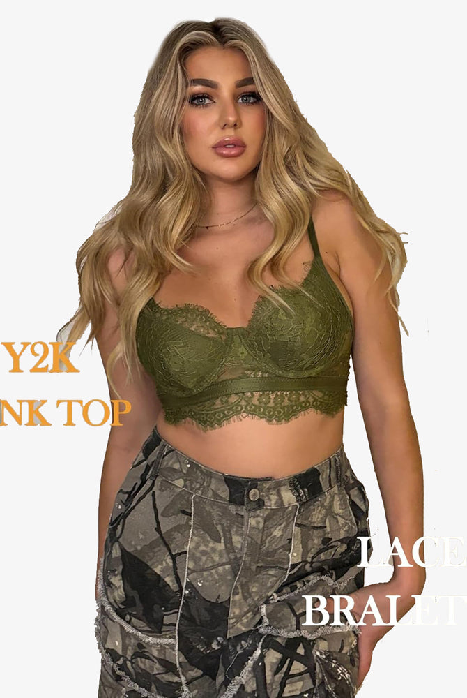 Olive green lace bustier cami top, Y2K style on model, Avidlove lingerie, lace bralette.