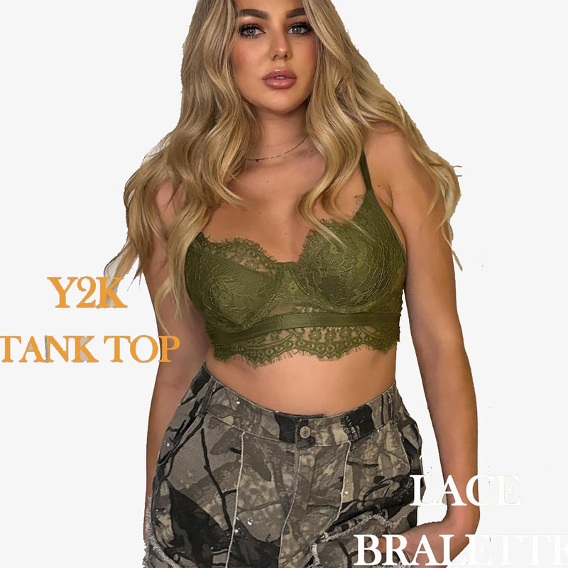 Olive green lace bustier cami top, Y2K style on model, Avidlove lingerie, lace bralette.