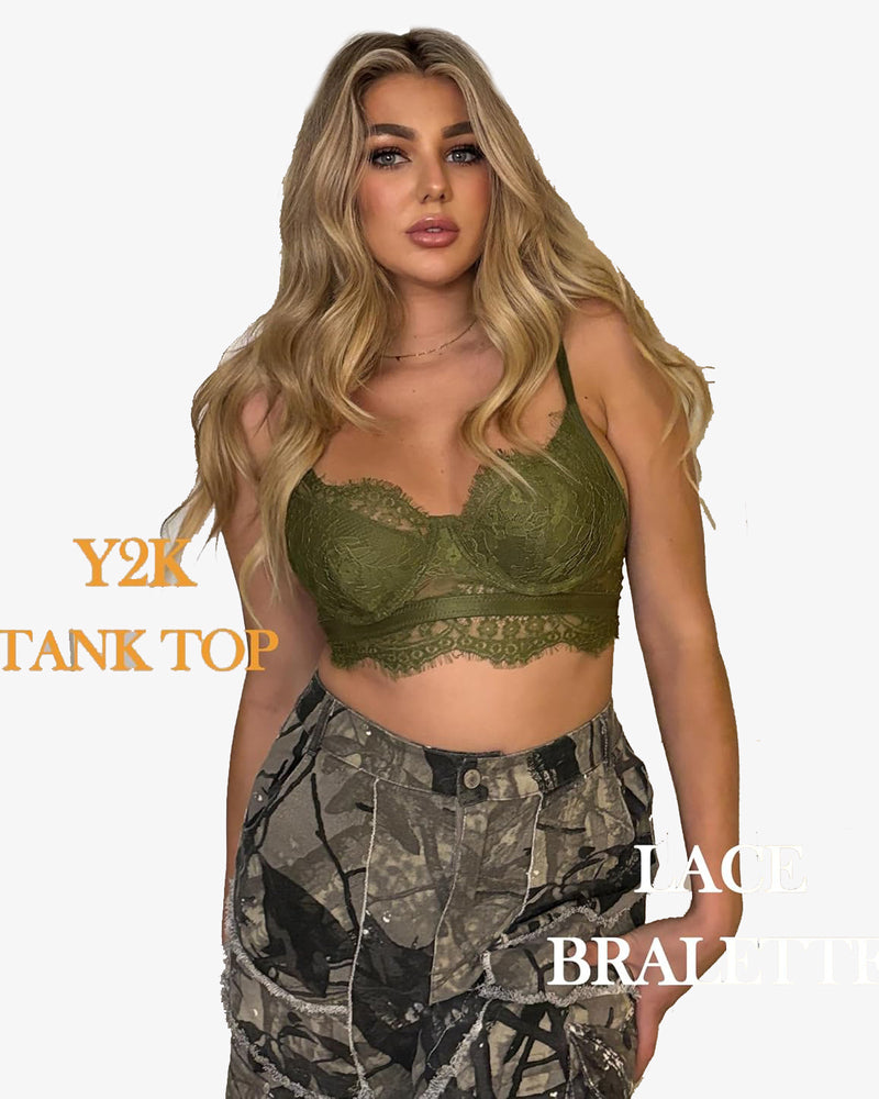 Olive green lace bustier cami top, Y2K style on model, Avidlove lingerie, lace bralette.