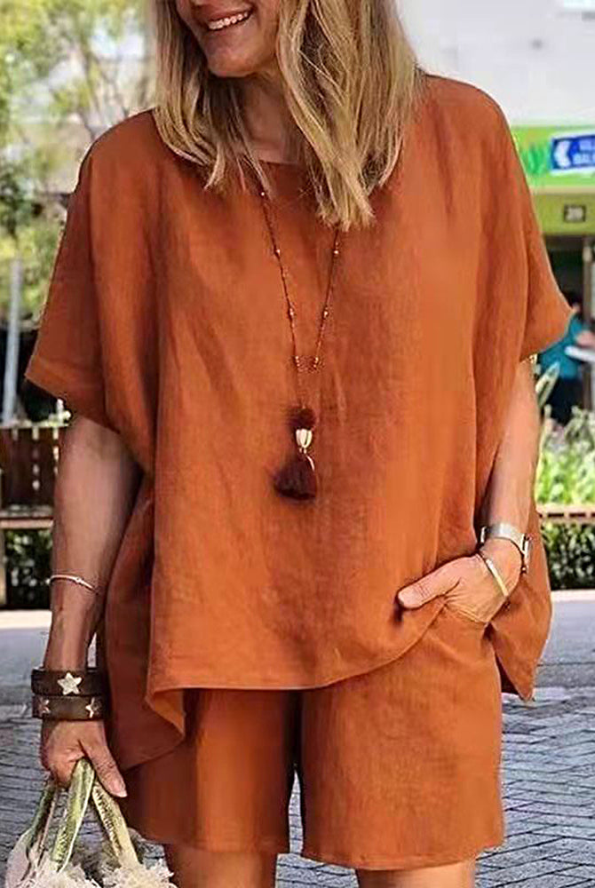 Orange linen-blend two-piece shorts set, casual style, perfect for leisure and daily wear