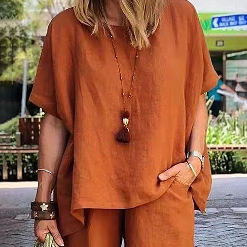 Orange linen-blend two-piece shorts set, casual style, perfect for leisure and daily wear