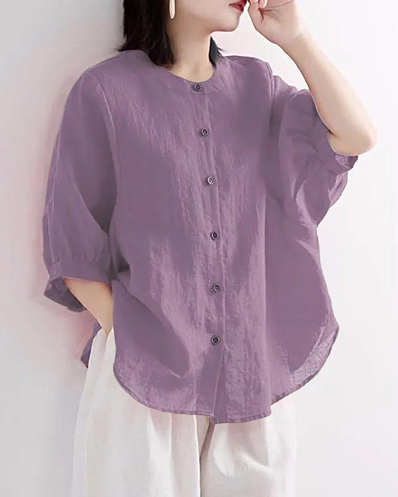 Purple Lantern Sleeve Retro Loose Shirt, button-down blouse, cotton-polyester blend, casual style