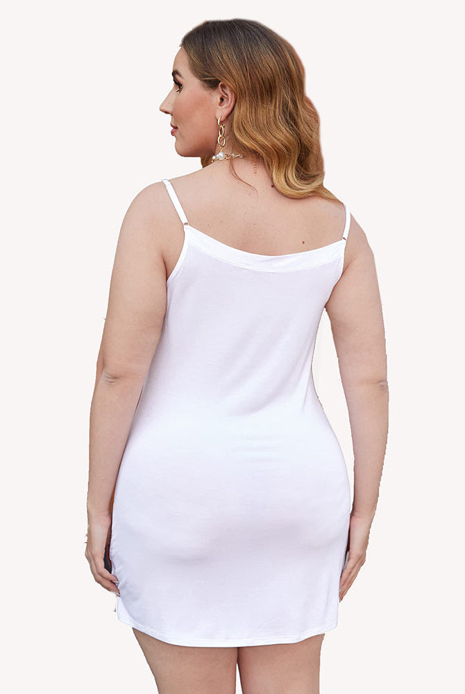 White plus size slip dress with adjustable straps and v-neckline for comfortable sleepwear