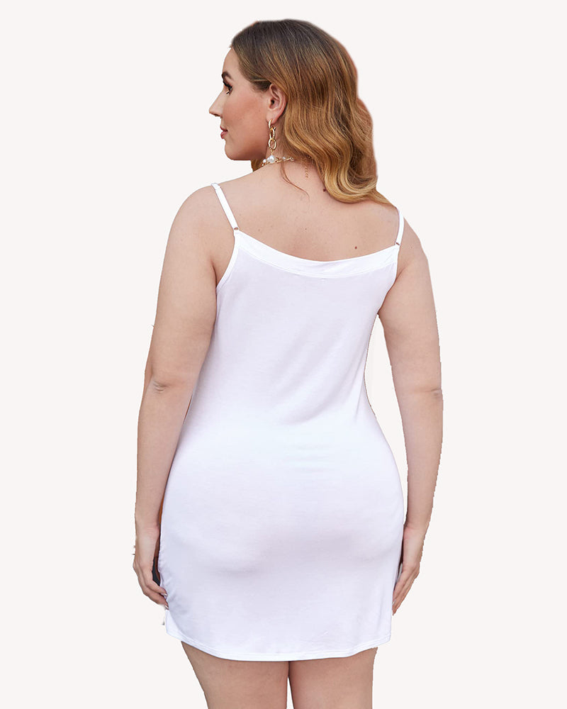 White plus size slip dress with adjustable straps and v-neckline for comfortable sleepwear