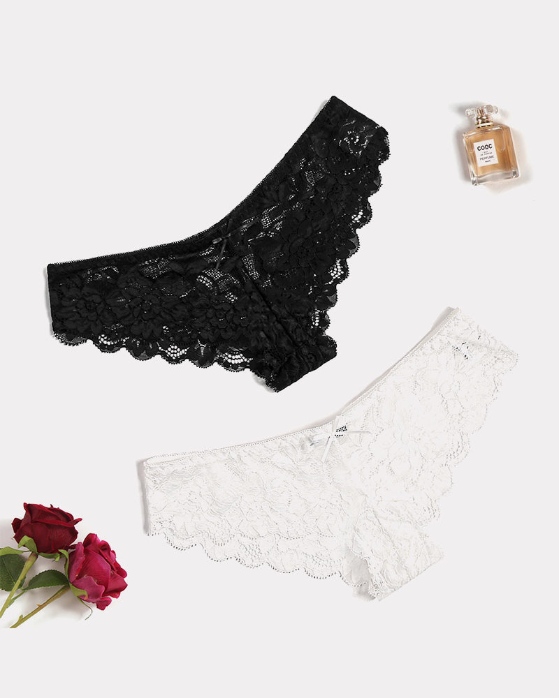 Black and white floral lace hipster panties with small bows. Sheer, comfortable lingerie.