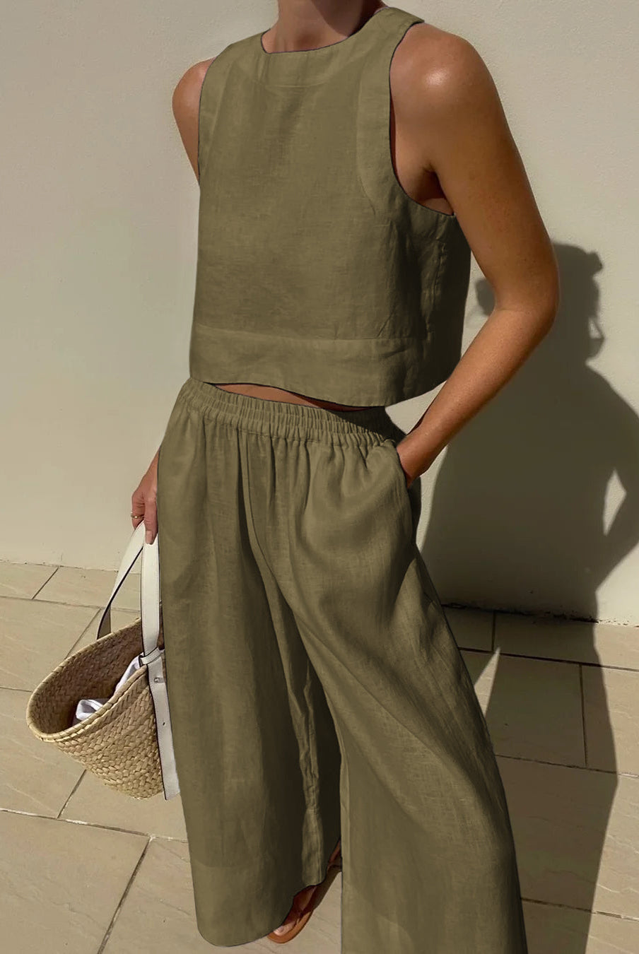 Olive green linen crop top and wide leg pants set. Vacation style, breathable summer outfit.