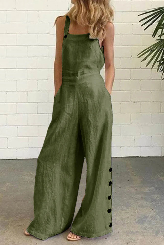 Olive green cotton-linen blend wide leg bib pants romper for women, casual style, button details