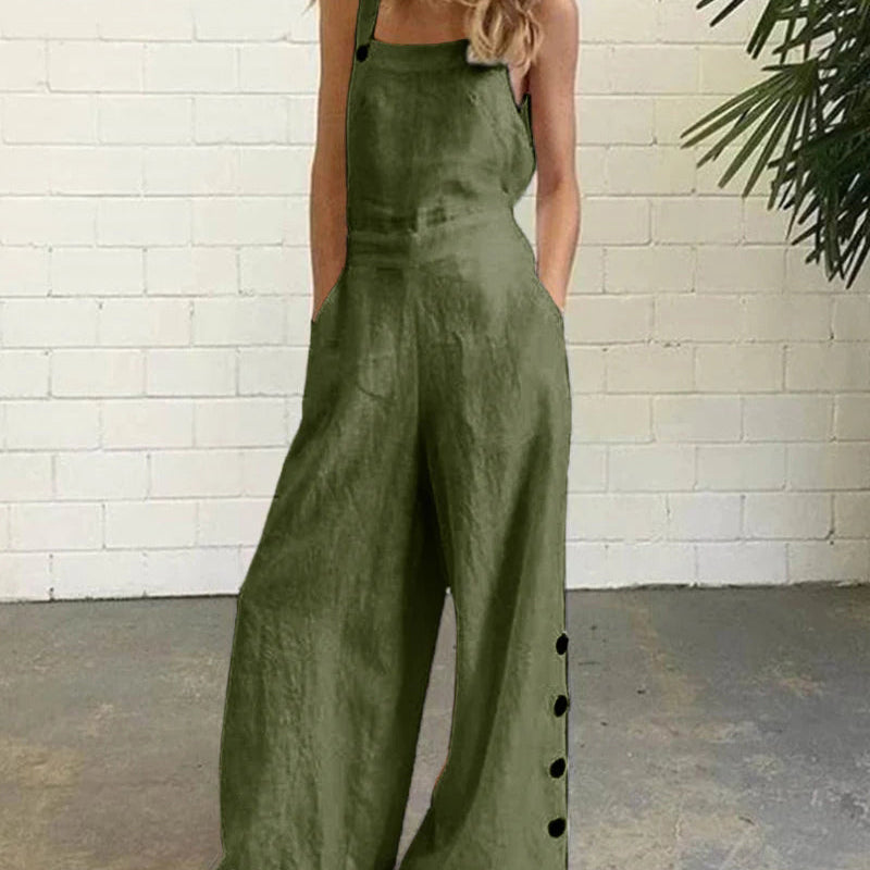 Olive green cotton-linen blend wide leg bib pants romper for women, casual style, button details
