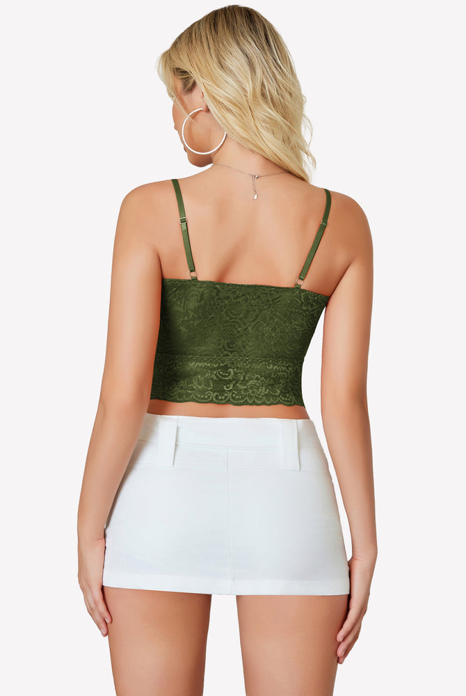 Olive green lace bralette with adjustable straps and white mini skirt from Avidlove. Sexy lingerie.