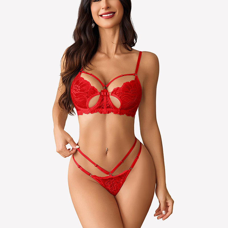 Lace Bra and Panty Set with Butterfly-Shaped Cutout
