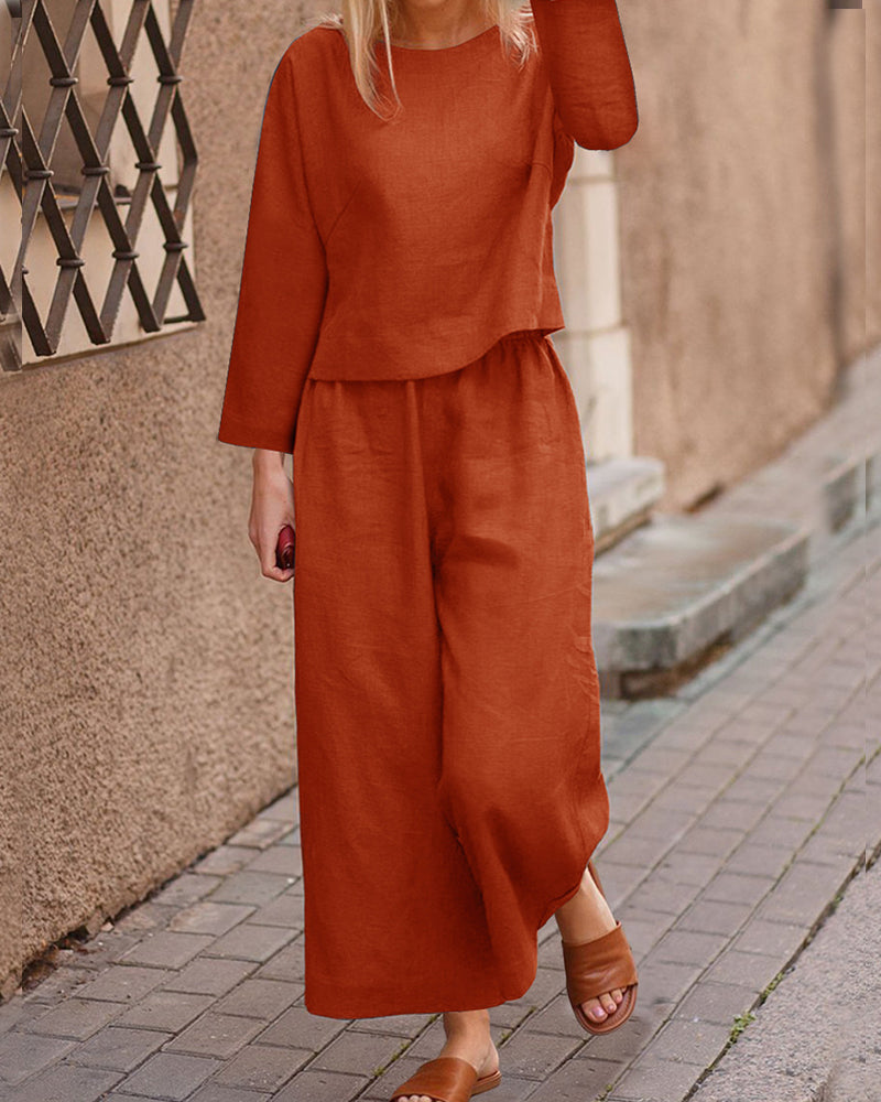 Rust cotton linen two-piece set for women, long sleeve top and wide leg pants, casual outfit