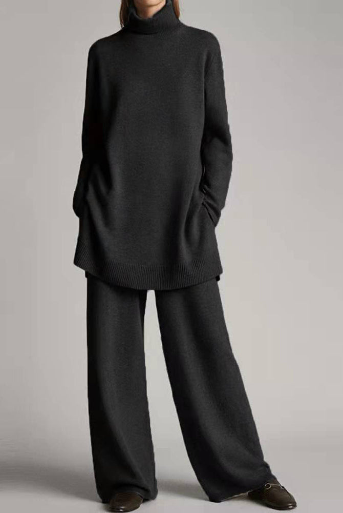 Black sweater top and wide leg pants set, casual style, perfect for leisure and daily wear