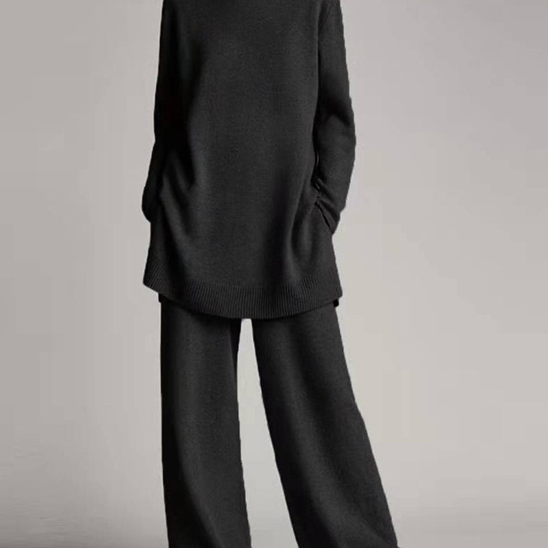 Black sweater top and wide leg pants set, casual style, perfect for leisure and daily wear