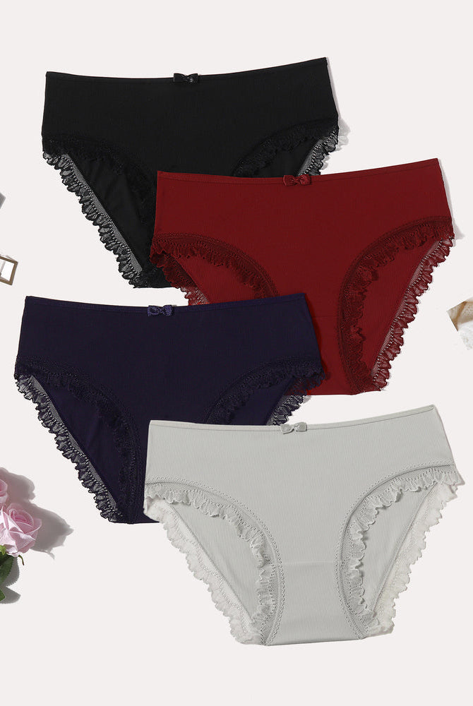 4-pack lace-trim panties with crisscross back; black, red, navy, light gray