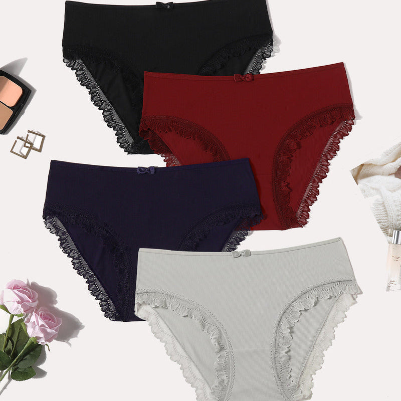 4-pack lace-trim panties with crisscross back; black, red, navy, light gray