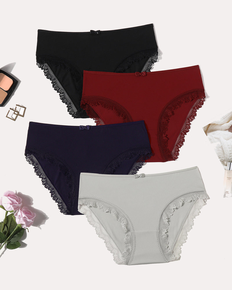 Lace trim women's panties set, featuring black, burgundy, navy, and gray colors, with bow accents.