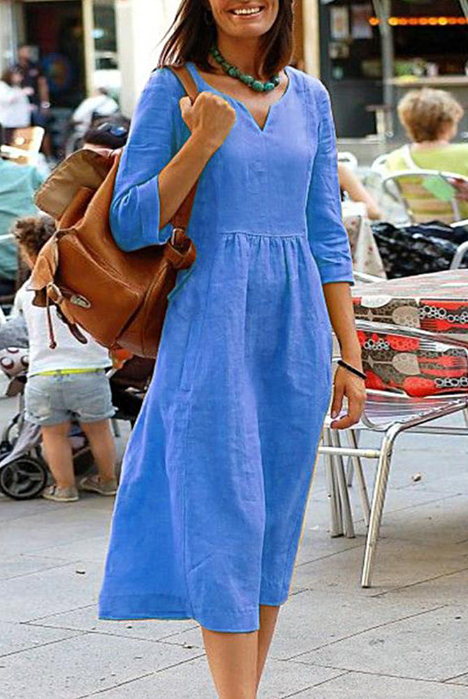 Blue cotton linen beach dress with V-neck and 3/4 sleeves, vacation style