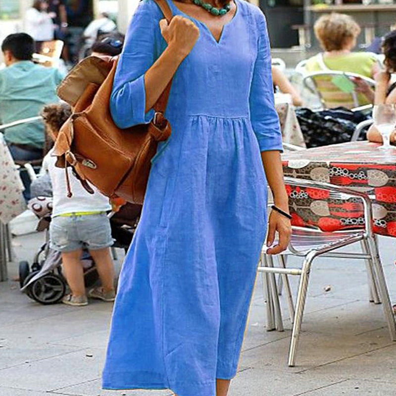 Blue cotton linen beach dress with V-neck and 3/4 sleeves, vacation style