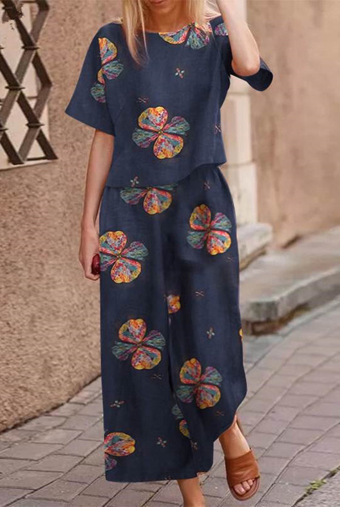 Retro Print Two Piece Set, dark blue floral print, casual style, cotton blend, perfect for leisure