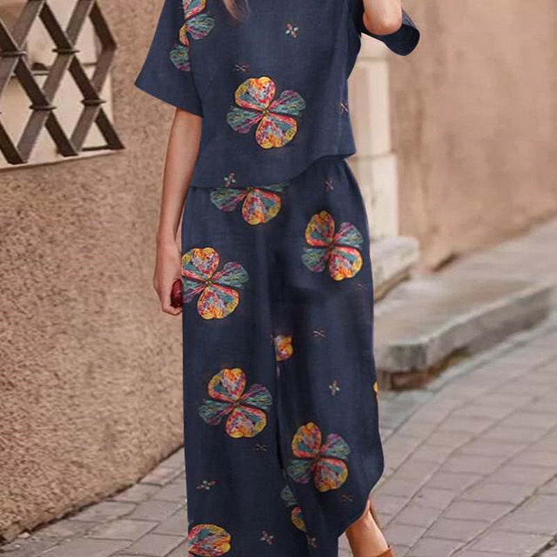 Retro Print Two Piece Set, dark blue floral print, casual style, cotton blend, perfect for leisure
