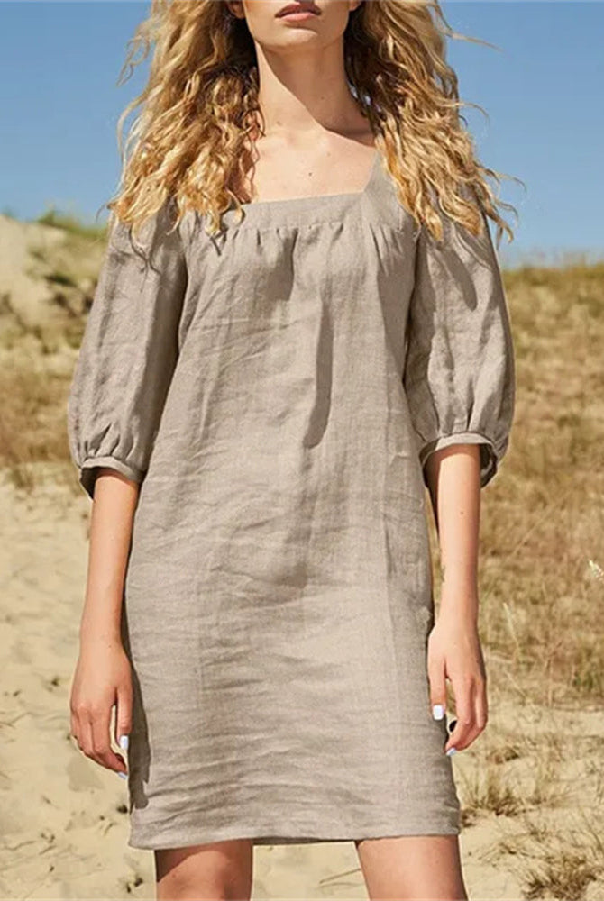 Casual square neck dress in neutral color, perfect for leisure and daily wear, made of cotton