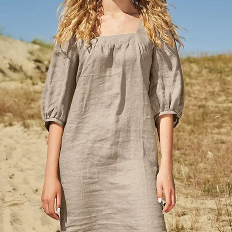 Casual square neck dress in neutral color, perfect for leisure and daily wear, made of cotton