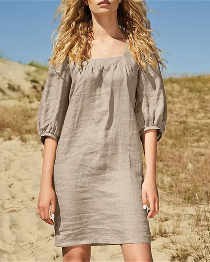 Casual square neck dress in neutral color, perfect for leisure and daily wear, made of cotton