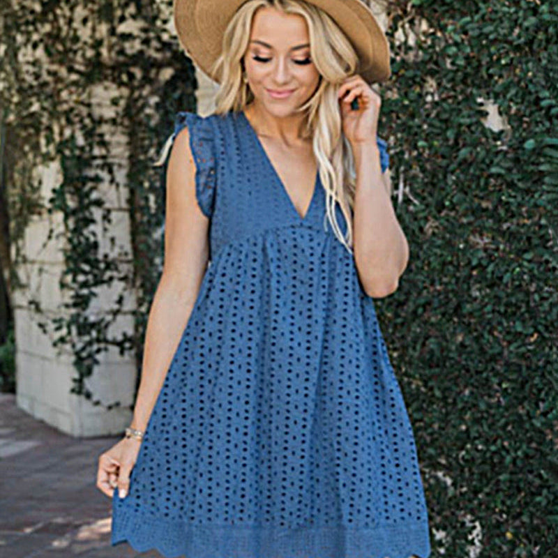 Blue lace dress with pockets, V-neck, short sleeves, and scalloped hem. Casual summer dress.