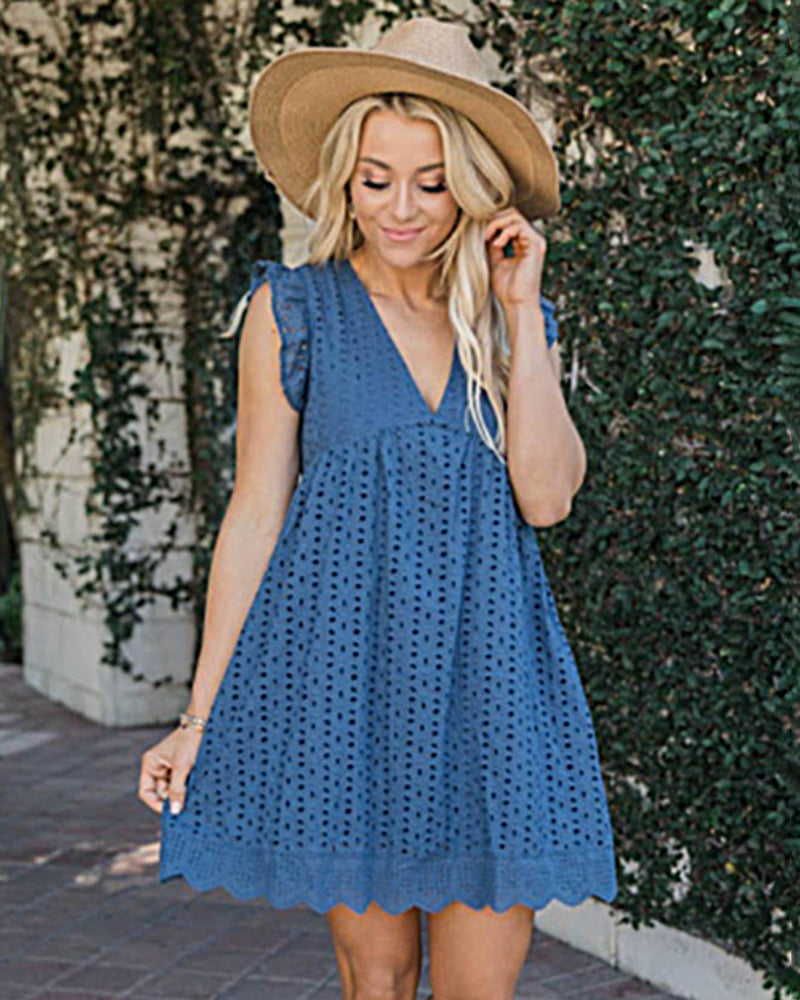 Blue lace dress with pockets, V-neck, short sleeves, and scalloped hem. Casual summer dress.