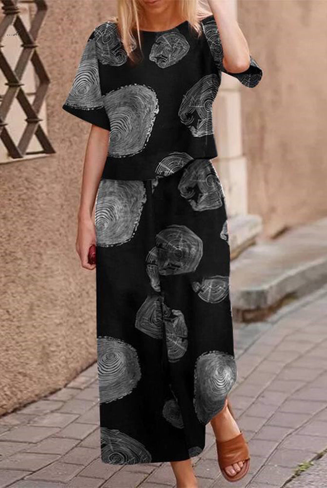 Black Retro Print Two Piece Set with white pattern, casual style, perfect for daily wear