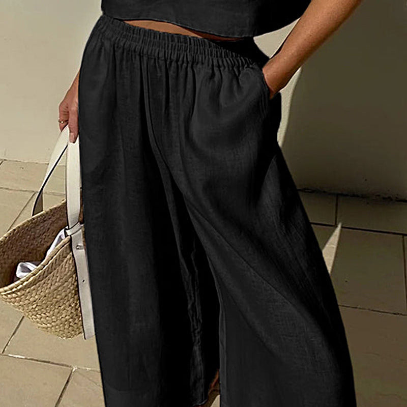 Black linen elastic waist wide leg pants, casual style, perfect for leisure and daily wear