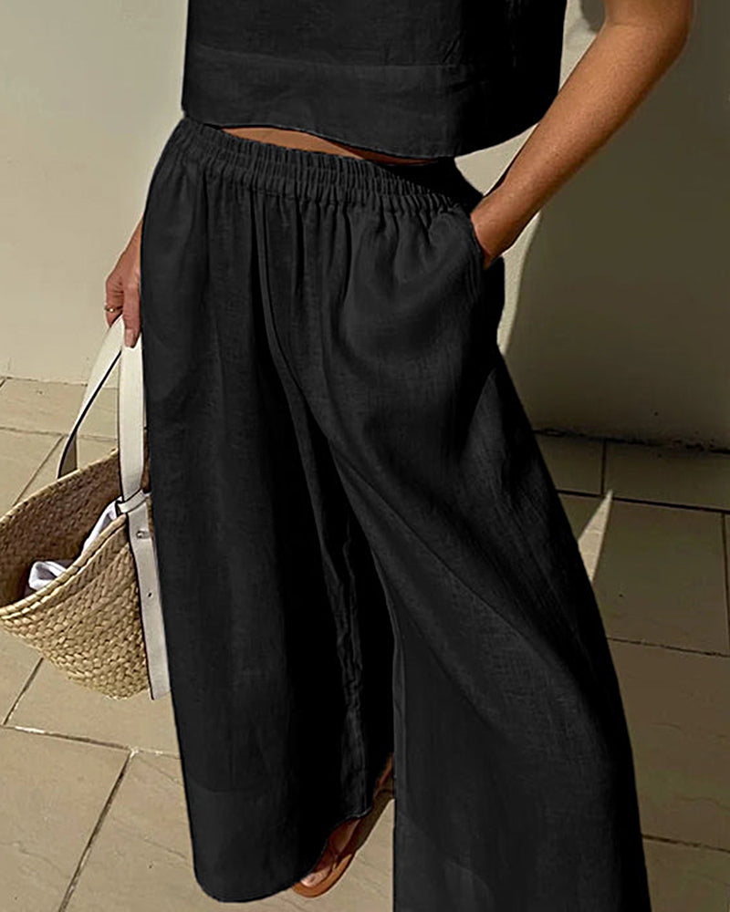 Black linen elastic waist wide leg pants, casual style, perfect for leisure and daily wear