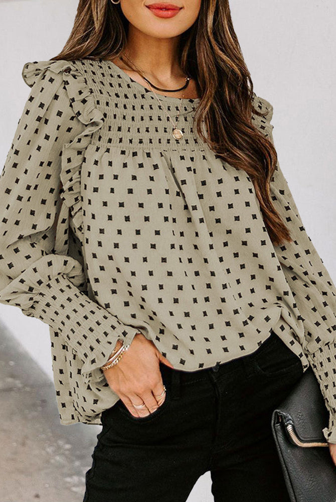 Khaki chiffon blouse with small black polka dots, ruffled neckline and long sleeves