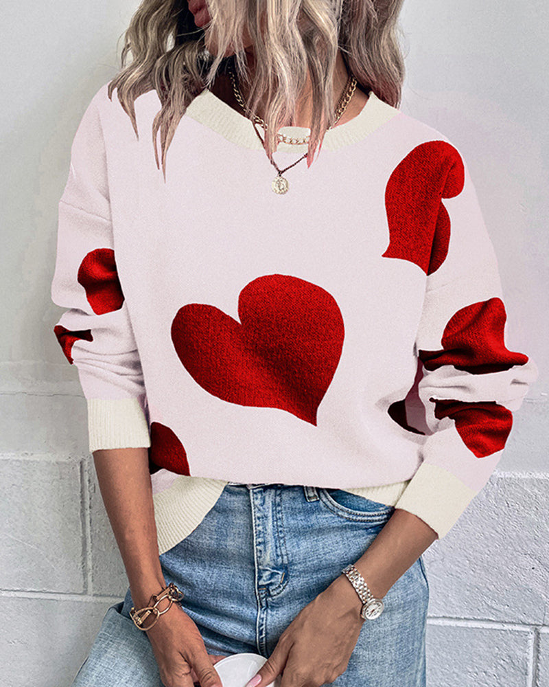 White O-neck sweater with red heart patterns for Valentine's Day. Casual style, 100% acrylic.