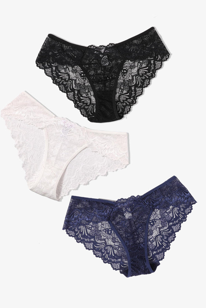 Avidlove lace hipster panties in black, white, navy. Low-rise, breathable floral lace lingerie.