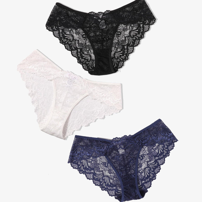 Avidlove lace hipster panties in black, white, navy. Low-rise, breathable floral lace lingerie.