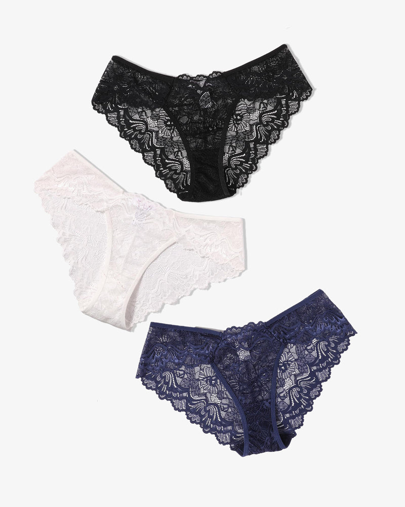 Avidlove lace hipster panties in black, white, navy. Low-rise, breathable floral lace lingerie.