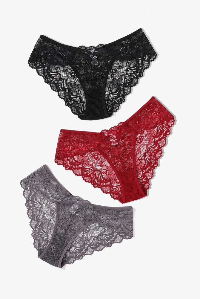 Avidlove Lace Hipster Panties in Black, Red, and Gray: Low-rise, breathable, floral lace design