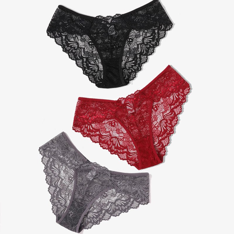 Avidlove Lace Hipster Panties in Black, Red, and Gray: Low-rise, breathable, floral lace design