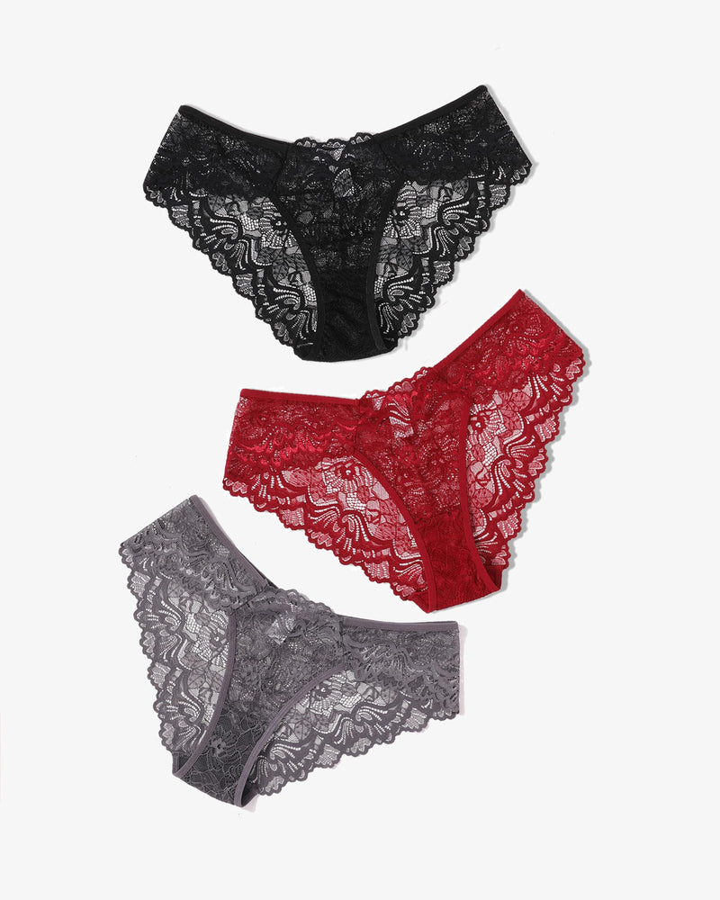Avidlove Lace Hipster Panties in Black, Red, and Gray: Low-rise, breathable, floral lace design