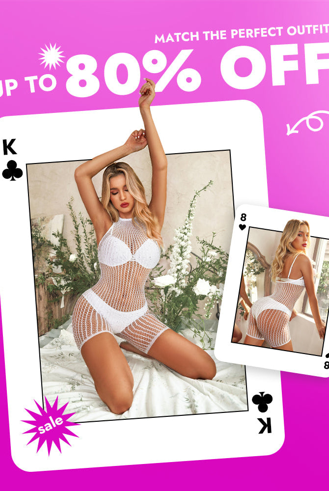 Avidlove: Up to 80% off on lingerie. Woman in white see-through lingerie set; sale promotion.