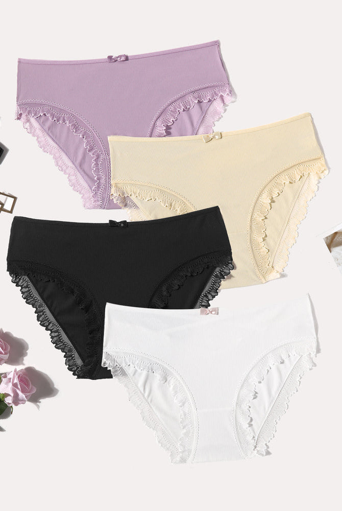 4-pack lace-trim panties with crisscross back; lavender, cream, black, white