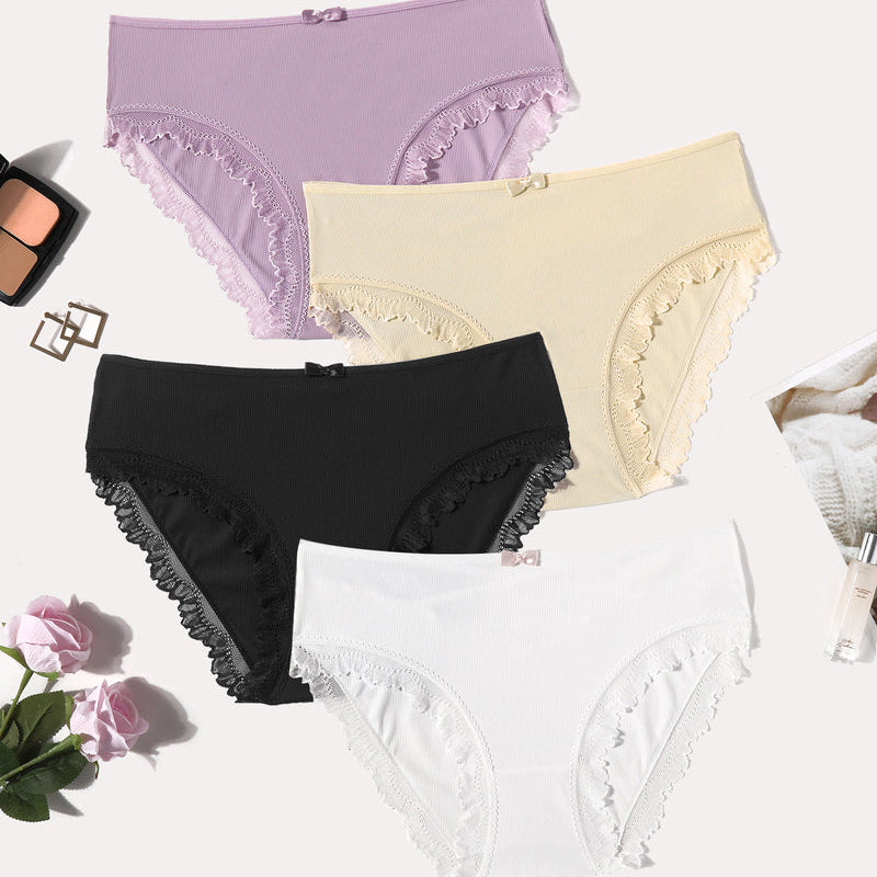 4-pack lace-trim panties with crisscross back; lavender, cream, black, white