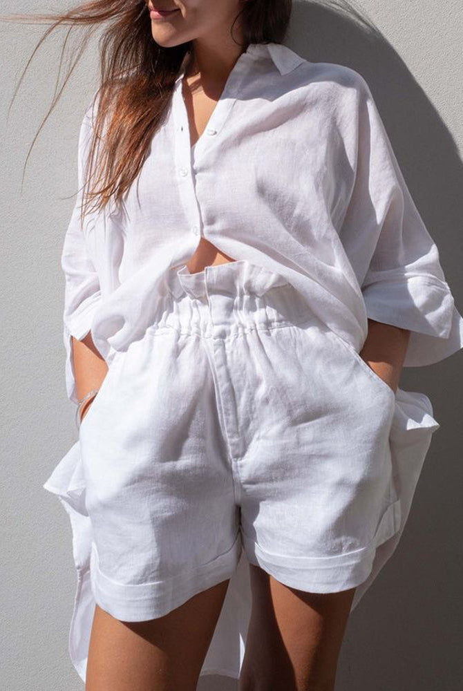 White linen button-up shirt and shorts set, casual style, perfect for leisure and daily wear.