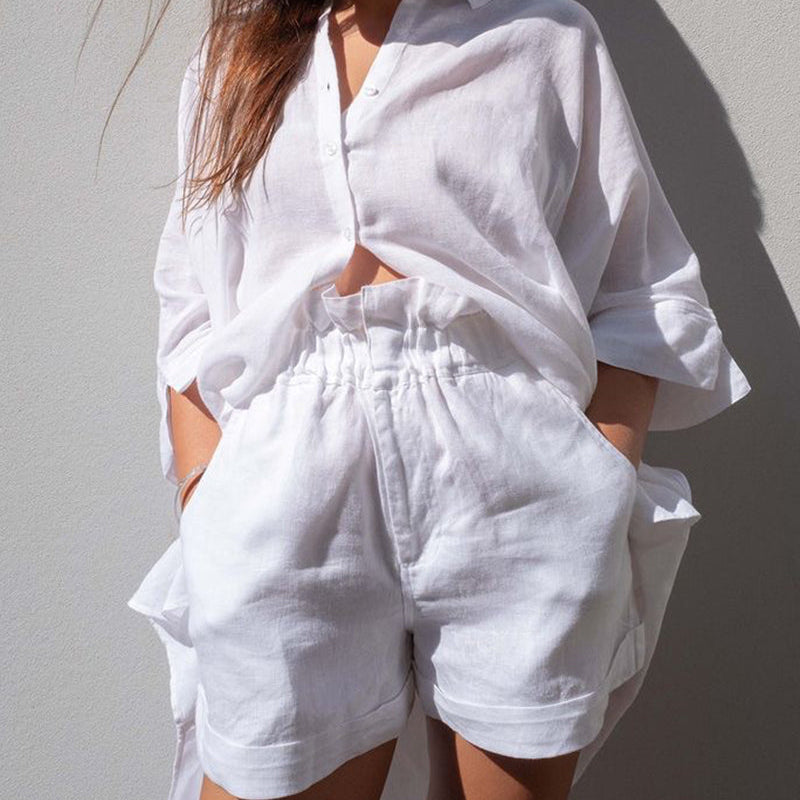 White linen button-up shirt and shorts set, casual style, perfect for leisure and daily wear.