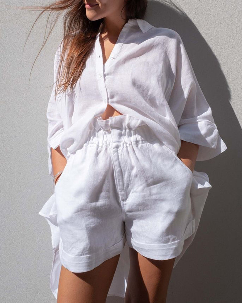 White linen button-up shirt and shorts set, casual style, perfect for leisure and daily wear.