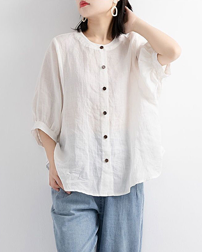 White Lantern Sleeve Retro Loose Shirt, button-down blouse, cotton-polyester blend, casual style