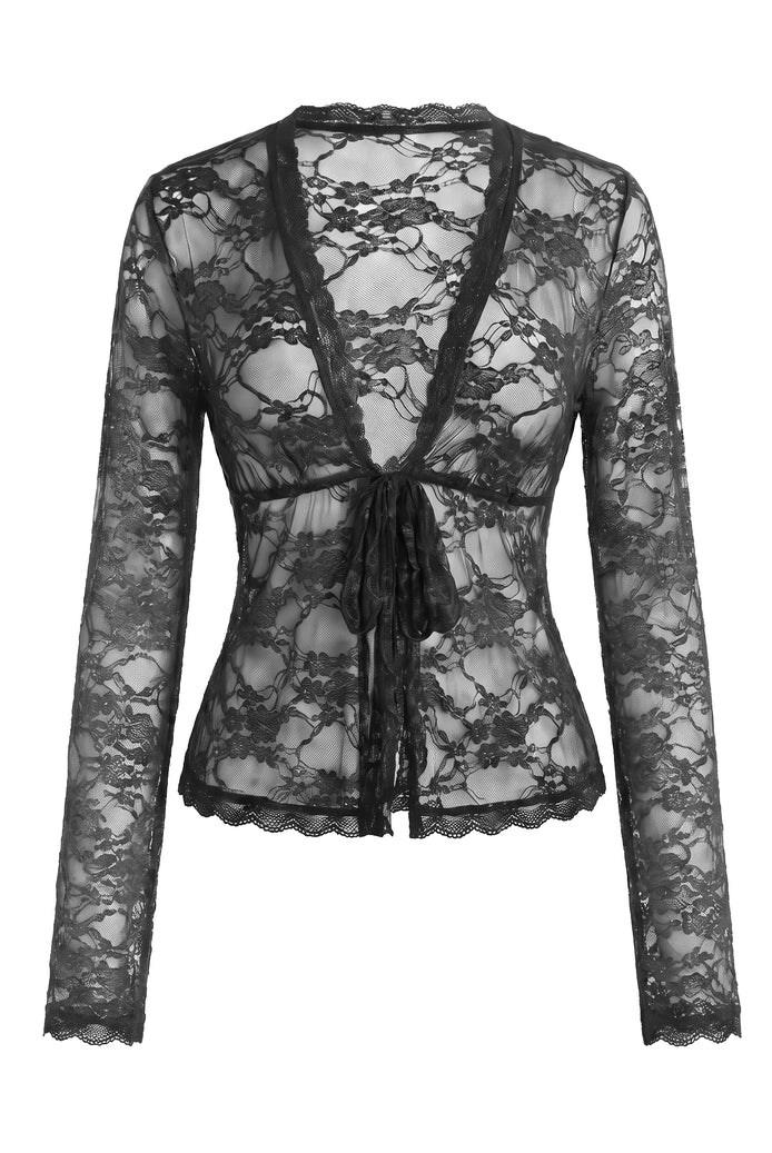 Black sheer floral lace long-sleeve cardigan with deep V and tie-front