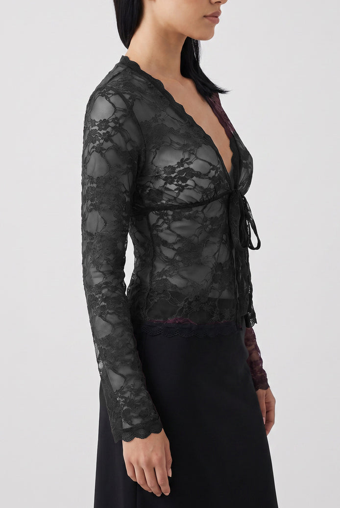 Black sheer floral lace cardigan with deep V tie-front and long sleeves